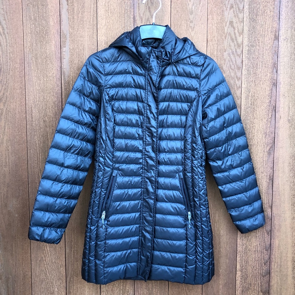 32 degree heat puffer packable down long jacket black small